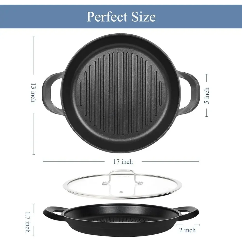 Vinchef Nonstick Grill Pan 13 In. Skillet, Indoor Induction Cast-aluminum & Lid